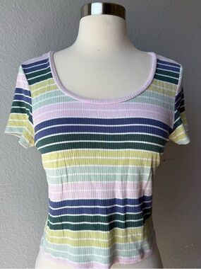 American Eagle Outfitters Lightweight Pastel Multi-Stripe Ribbed Scoop Neck Tee
